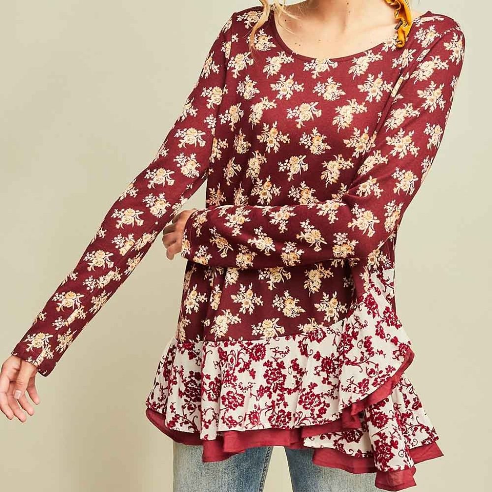ENTRO Long Sleeves Floral Paisley Print Top